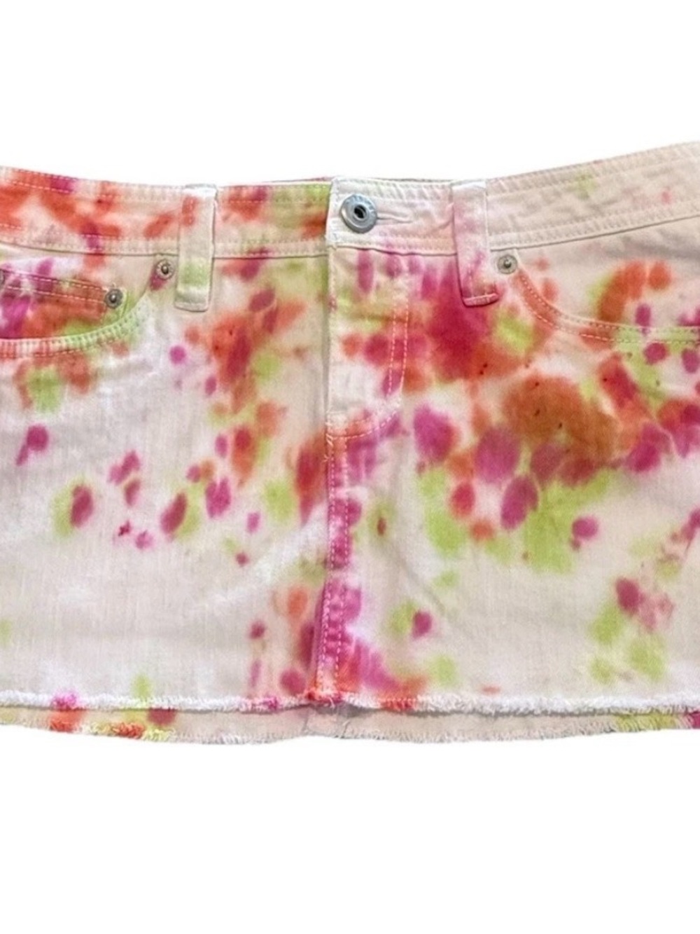 Refuge Tie Dye Denim Mini Skirt Women 7 White Pink Orange Green Raw Hem Y2K
